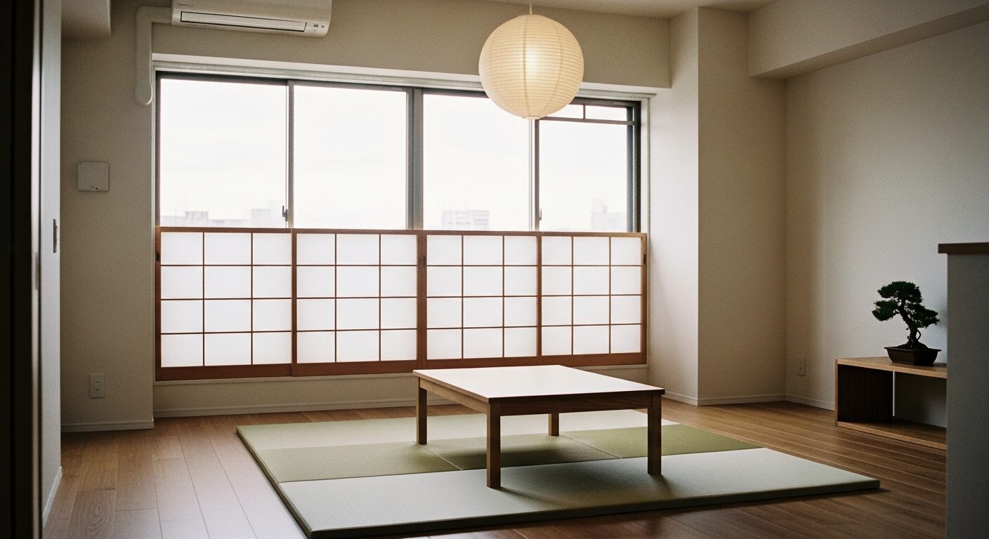 Japandi賃貸 障子フィルム 置き型畳 ローテーブル 和紙ペンダント