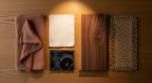 Japandi配色 素材 土壁 墨黒 生成り 木目 リネン ジュート