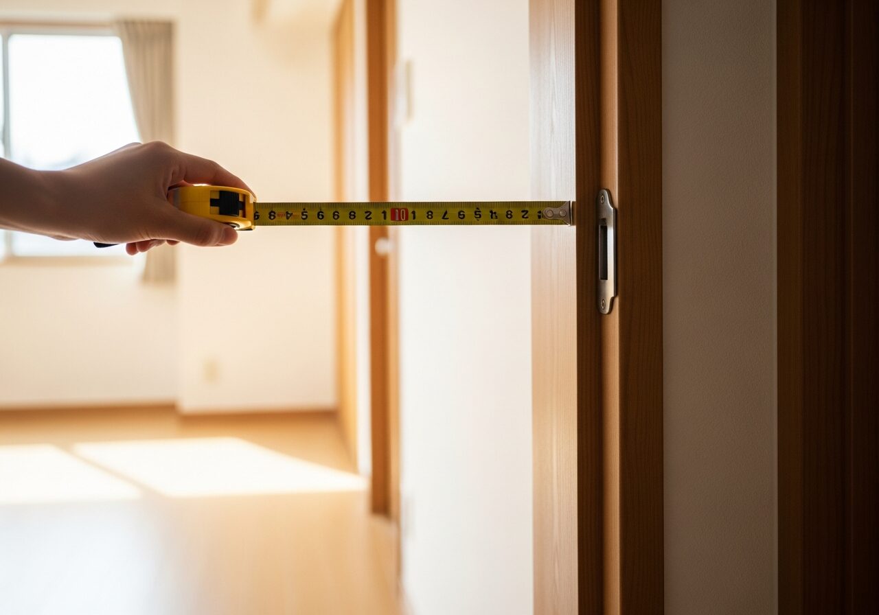 新居の玄関ドア開口幅をメジャーで採寸している様子。引越し前の家具搬入経路の確認は必須