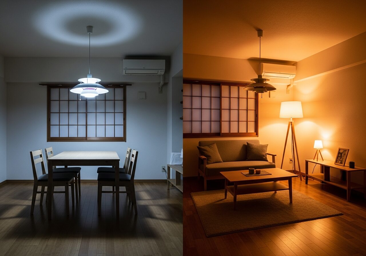 シーリングライト1灯と多灯使いの比較。同じ部屋でも光源の数と位置で空間印象が大きく変わる