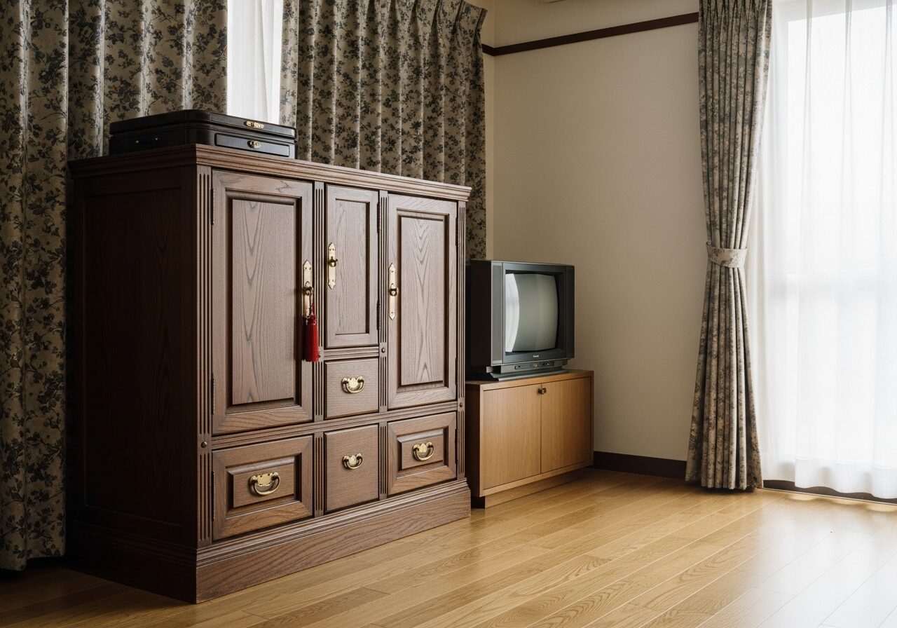 昭和家具の代表的な構成要素。大型婚礼ダンス・古TVボード・暗いウッドトーンが「実家感」の正体