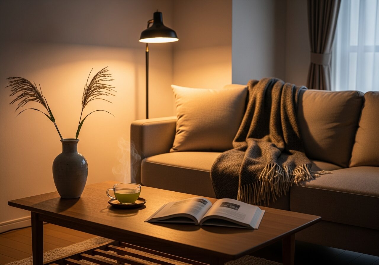 秋の夜の暖かい多灯使い。フロアランプ＋テーブルランプの電球色2700Kで陰影のある空間