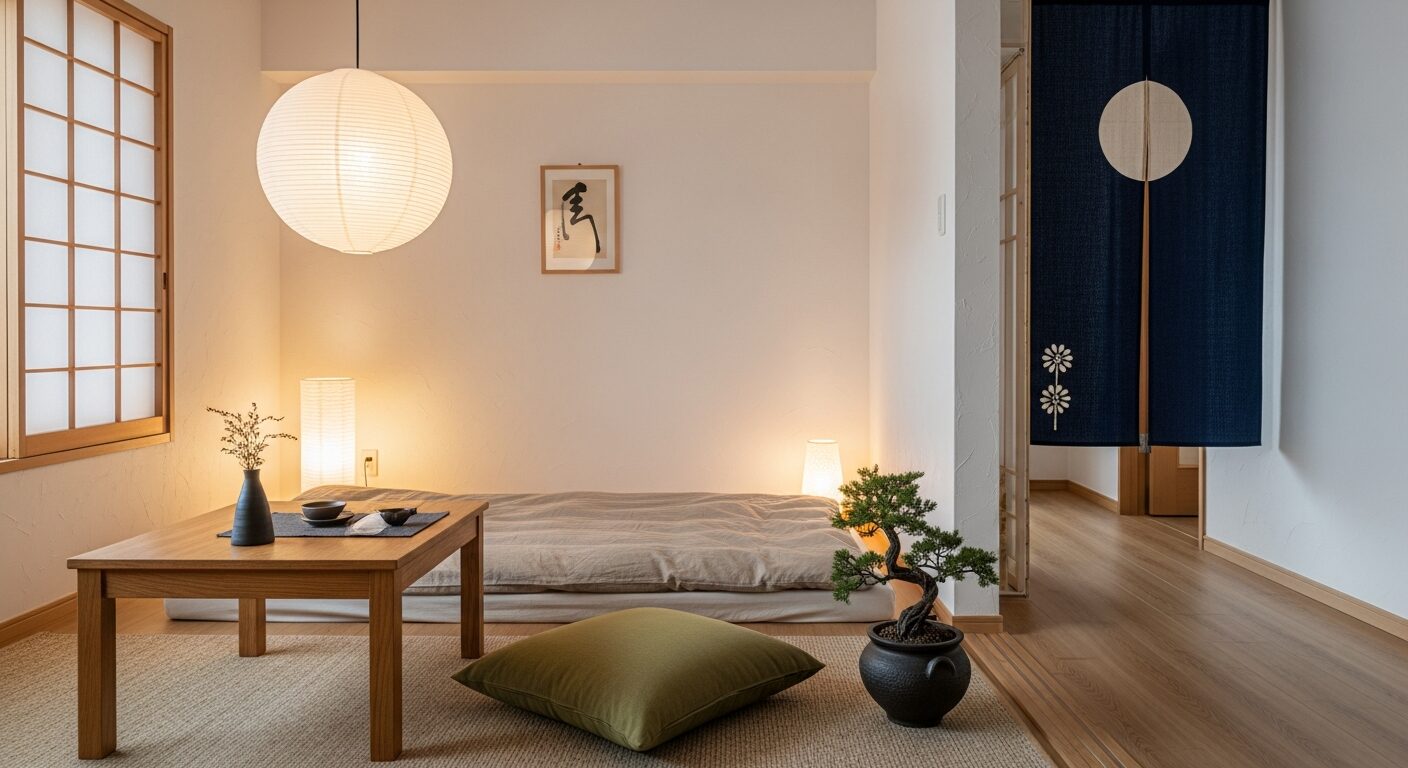 ¥10万円で揃えるジャパンディインテリア例：畳マット・座卓・和紙ランプ・盆栽風植物