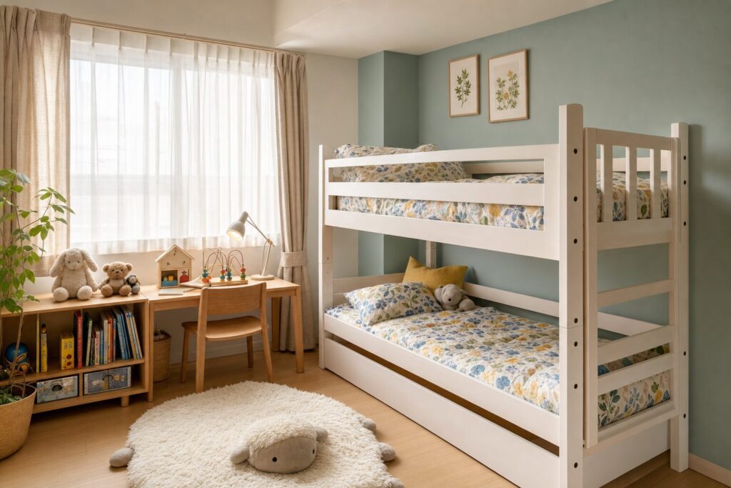 子ども部屋の参考イメージ：明るい木製家具とパステル壁紙のキッズインテリア