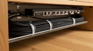 デスク下にケーブルトレイを取り付け、電源タップとケーブル類を集約した配線整理