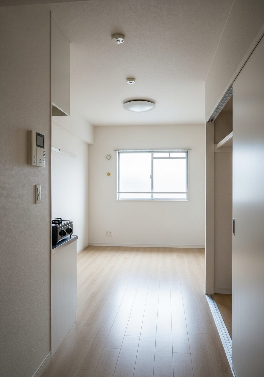 入居直後の素の6畳ワンルーム：白壁・木目フローリング・ベランダ窓のみのまっさら状態