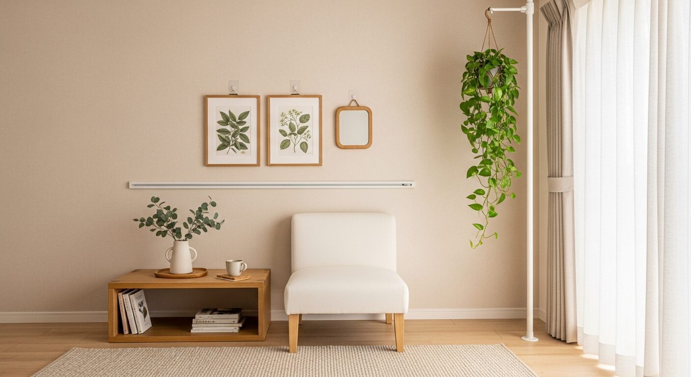 賃貸でも実現できるDIY(剥がせる壁紙・ピクチャレール・テンションロッド)の参考イメージ