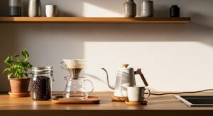 朝の光が差し込む木製カウンター上のおうちカフェコーナー。ドリッパー、ケトル、コーヒー豆のガラス容器、観葉植物