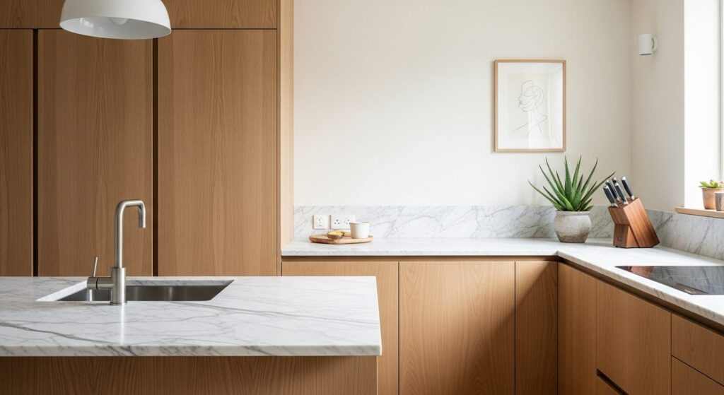 ミニマルキッチン例：Boffi風オーク突板handlelessキャビネット・Carrara marbleカウンター・brushed stainless