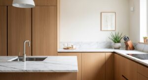 ミニマルキッチン例：Boffi風オーク突板handlelessキャビネット・Carrara marbleカウンター・brushed stainless