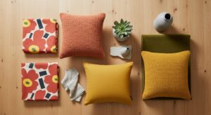 クッション・テキスタイル収集例：Marimekko Unikko風・HAY Sequence風terracottaブークレ・mustard・olive velvet