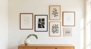 ギャラリーウォール例：5枚salon-style hang・walnut/oak/matte black frame・ラインドローイング・モノクロ写真