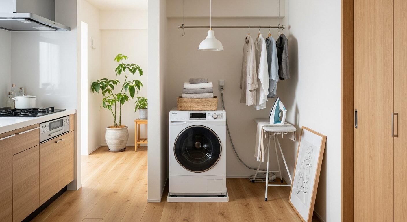 家事動線：kitchen-laundry-closet connected zones・matte white washing machine・linen clothesline