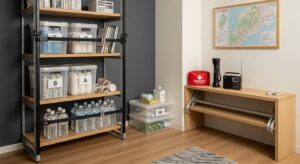 防災インテリア：earthquake-proof bookshelf・anti-tip straps・storage boxes・emergency radio