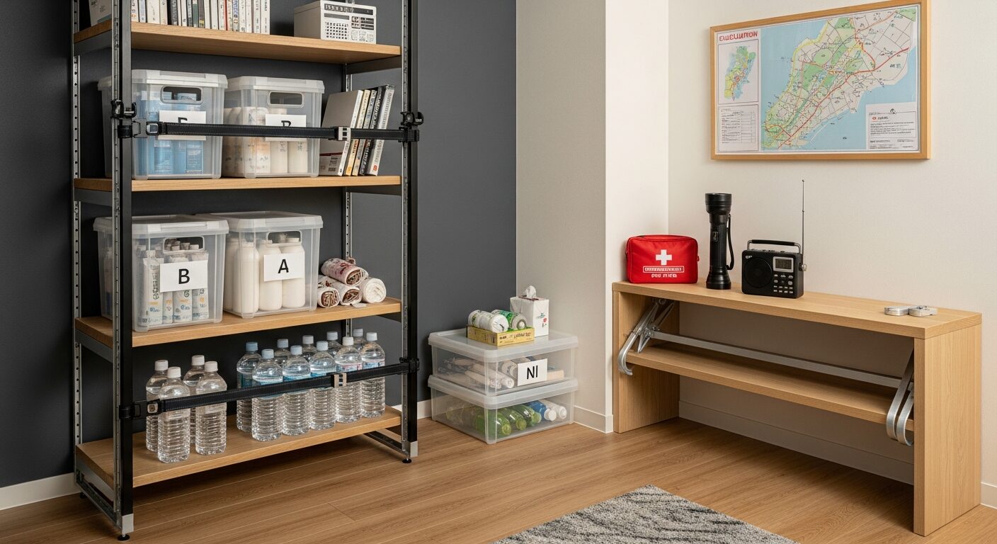 防災インテリア：earthquake-proof bookshelf・anti-tip straps・storage boxes・emergency radio