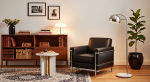 モダンクラシック例：Cassina LC2風chrome革armチェア・walnut書棚・Carrara marble・Flos Arco風フロアランプ