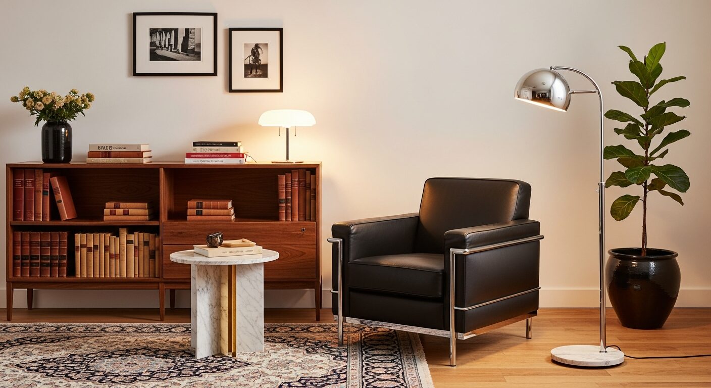 モダンクラシック例：Cassina LC2風chrome革armチェア・walnut書棚・Carrara marble・Flos Arco風フロアランプ