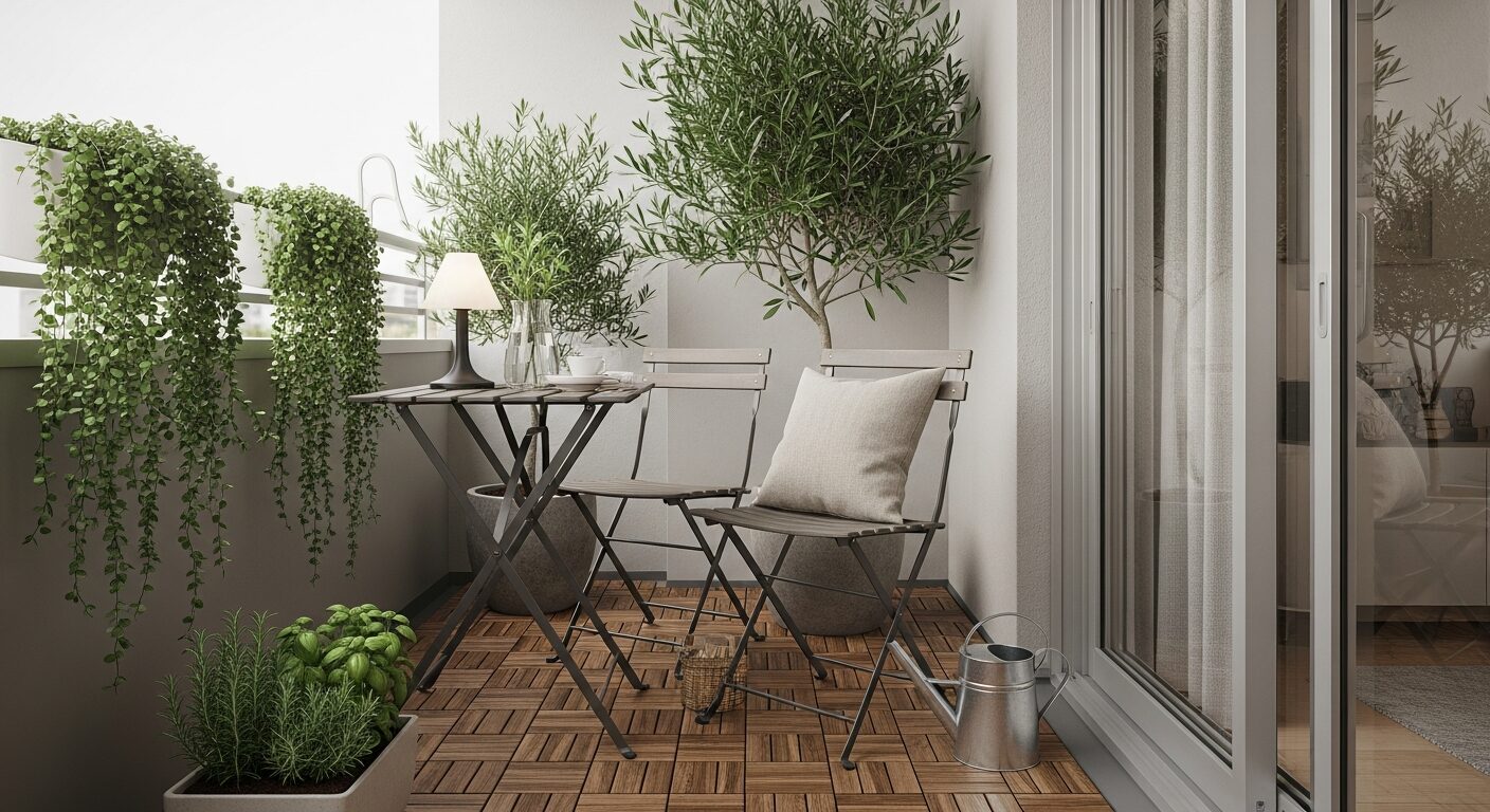 ベランダ・バルコニー：wood-deck tiles・bistro chair・olive tree・hanging plants・solar light