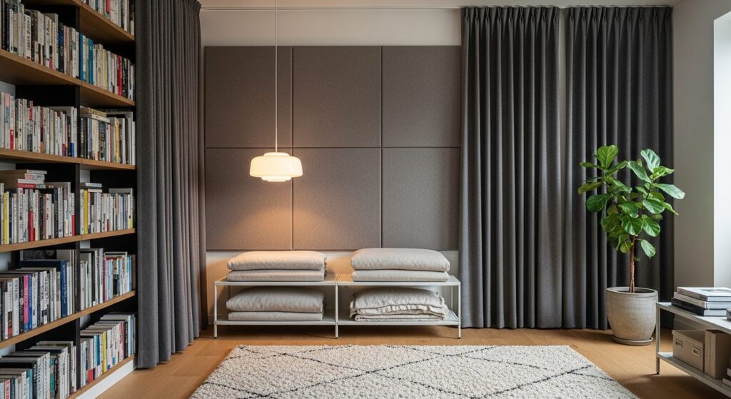 防音・遮音対策：acoustic fabric panels・thick wool curtains・dense bookshelf・plush rug