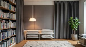 防音・遮音対策：acoustic fabric panels・thick wool curtains・dense bookshelf・plush rug