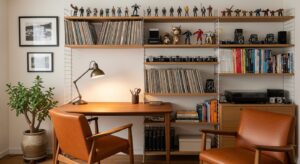 趣味の部屋：String Furniture系built-in shelf・walnut desk・Anglepoise lamp・leather armchair