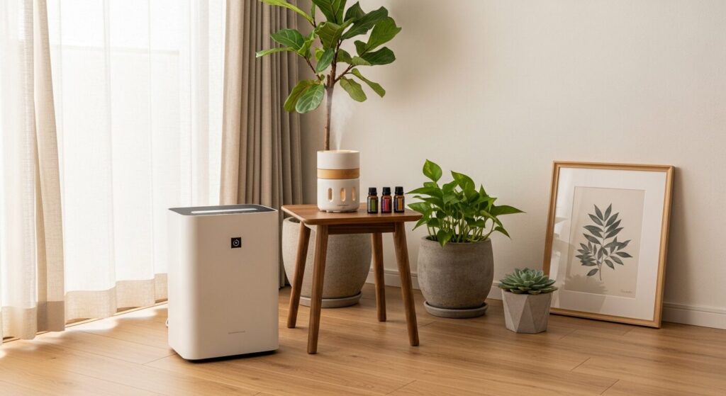 空気質・アロマ：minimal air purifier・ceramic diffuser・essential oils・fiddle leaf fig