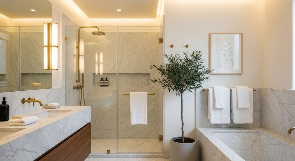 ホテルライクバスルーム：Boffi/Pawson系Carrara marble・brass fixtures・walnut vanity・freestanding tub