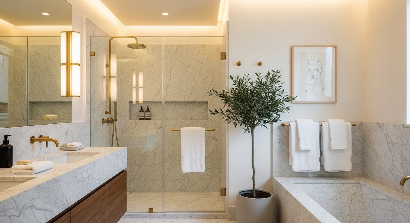 ホテルライクバスルーム：Boffi/Pawson系Carrara marble・brass fixtures・walnut vanity・freestanding tub