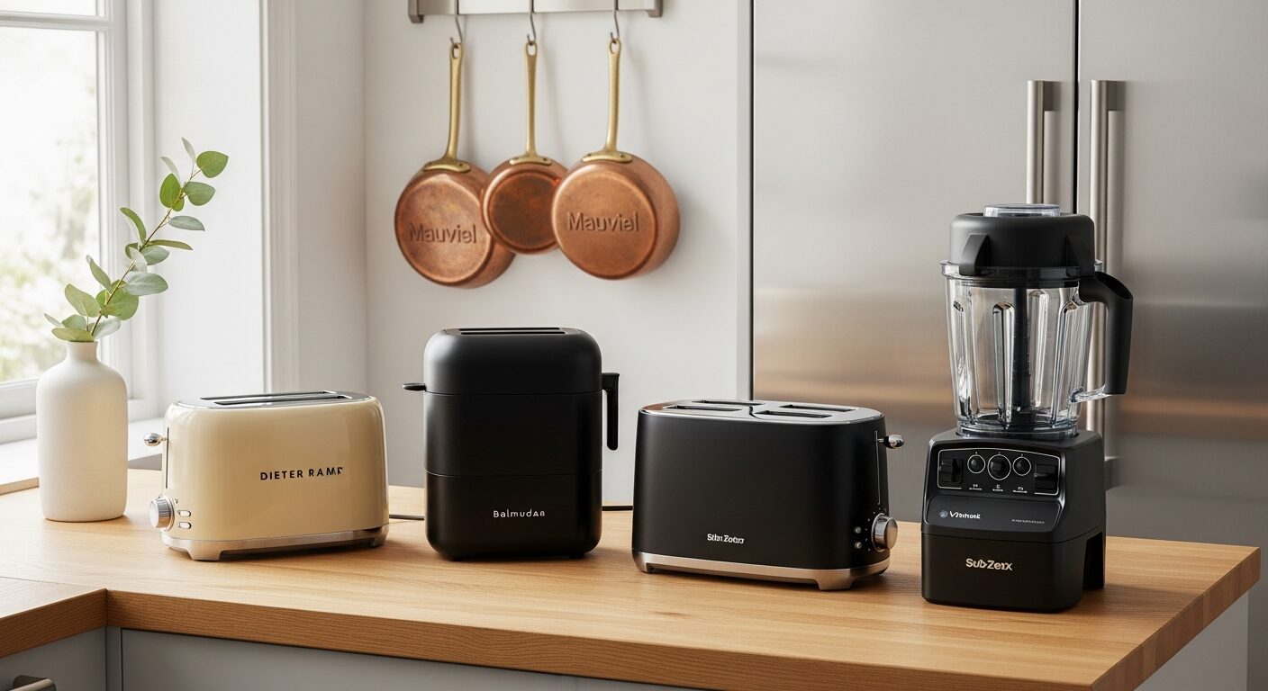 キッチン家電比較：Dieter Rams風minimalトースター・Balmuda風・Vitamix高機能ブレンダー・Sub-Zero・Mauviel銅鍋