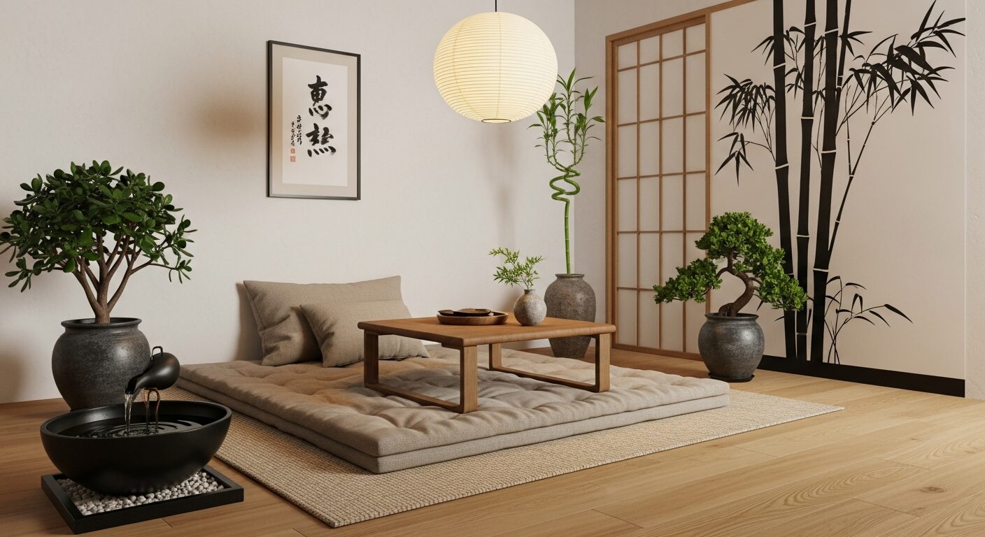風水Japandi：低い視線・washi paper pendant・jade plant・bamboo・水feature・sumi ink drawing