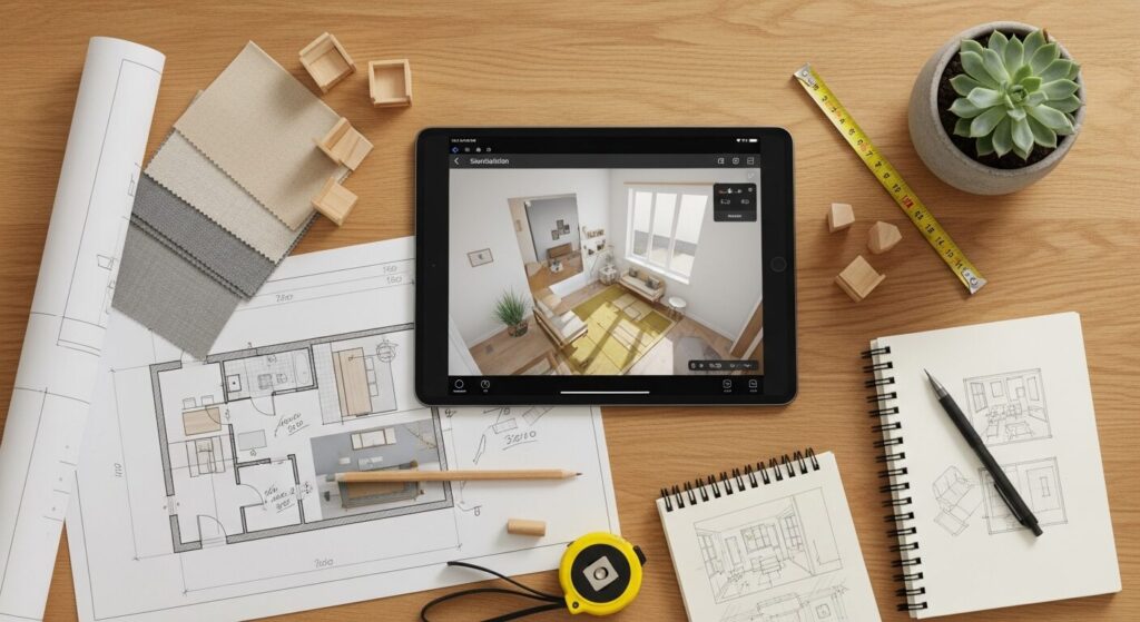 家具配置シミュレーション：iPad 3D room app・floor plan blueprint・fabric swatches・scale model furniture