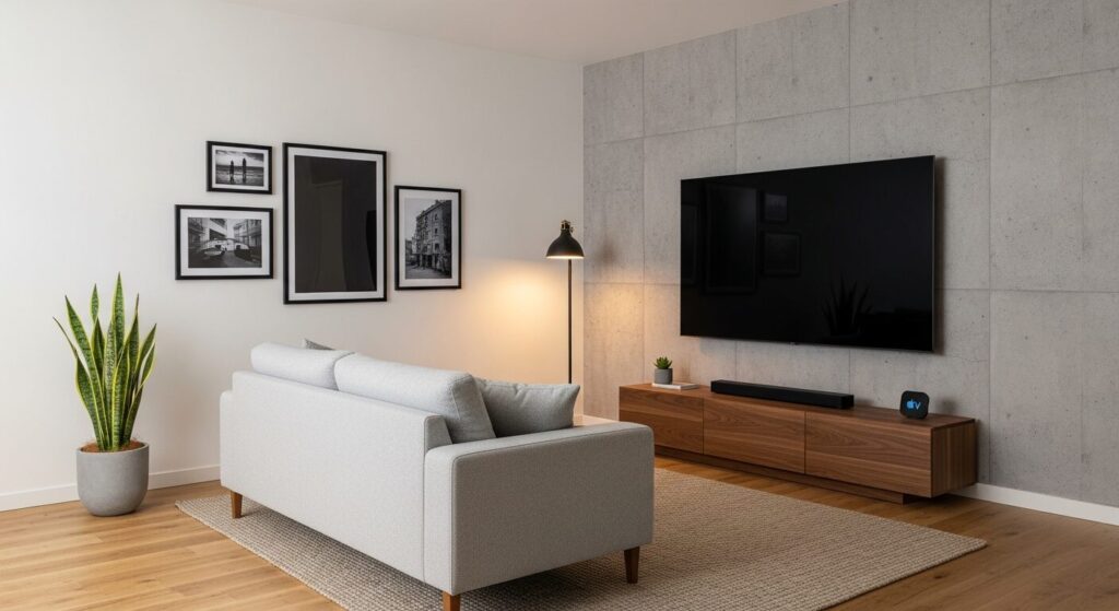 テレビ・モニター：55-inch matte black TV・concrete-look accent wall・BoConcept walnut credenza・soundbar