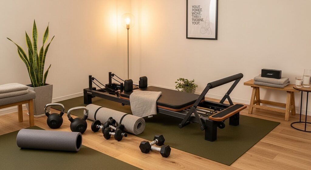 ホームジム：Pilates reformer・kettlebells・dumbbells・rubber mat・Anglepoise floor lamp