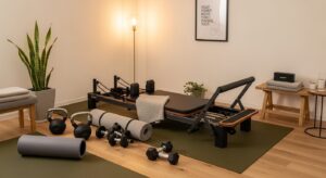 ホームジム：Pilates reformer・kettlebells・dumbbells・rubber mat・Anglepoise floor lamp