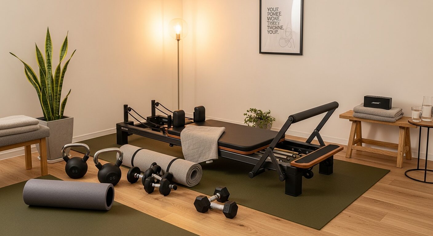 ホームジム：Pilates reformer・kettlebells・dumbbells・rubber mat・Anglepoise floor lamp