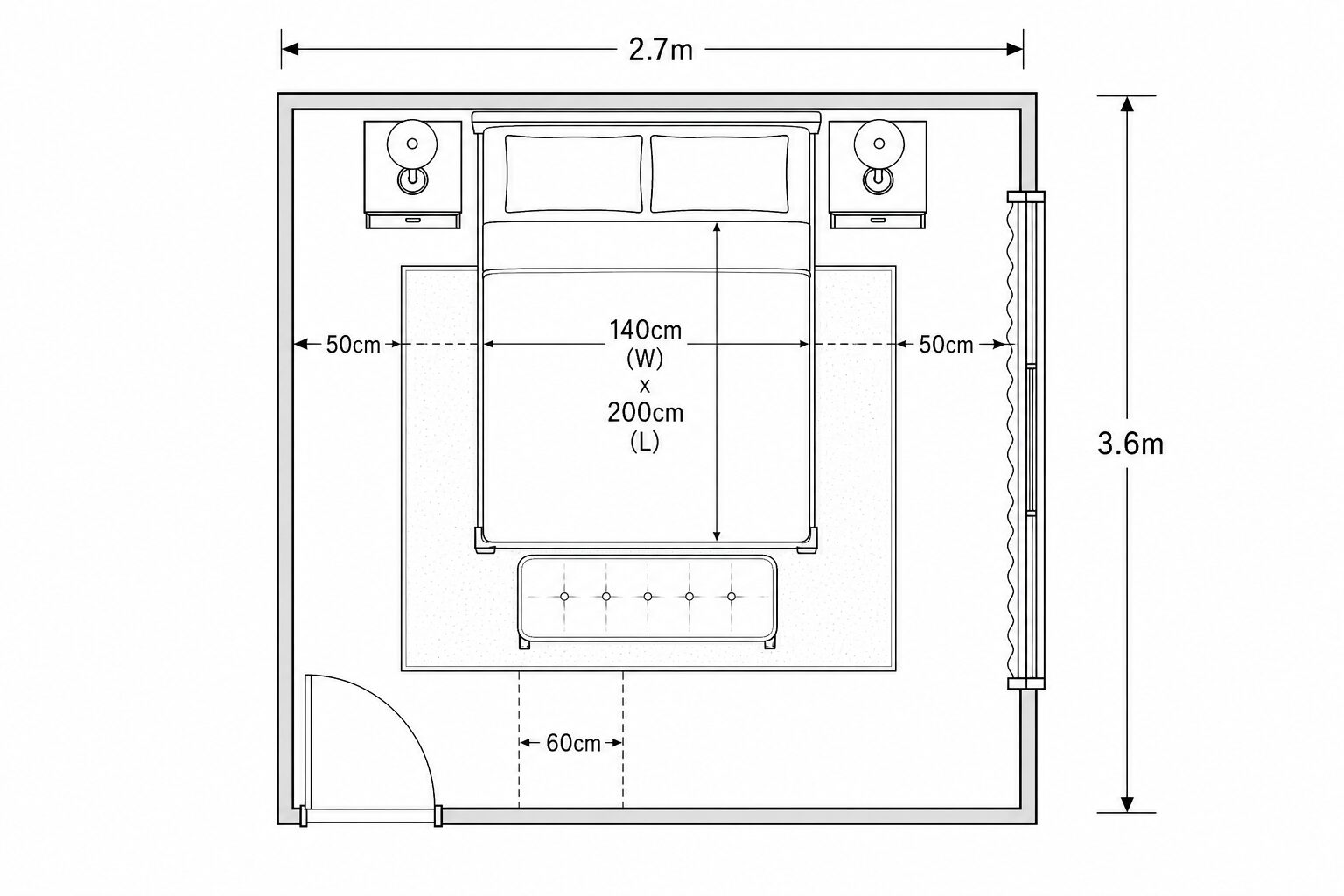 6畳寝室配置図 - クイーンベッド140×200・両側50cm・動線60cm・ベッドサイドテーブル×2